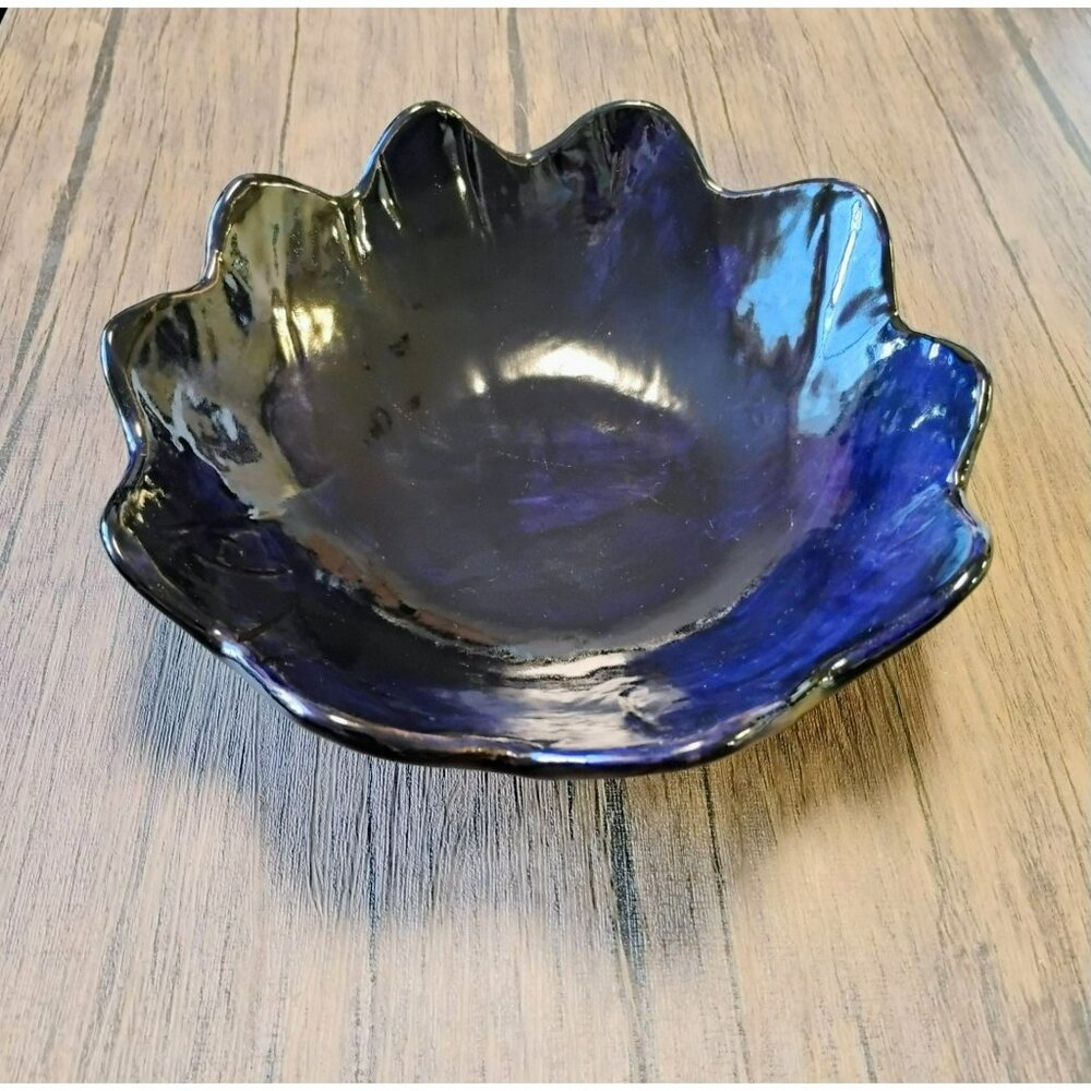 Handcrafted Ceramic Scalloped Edge Bowl Signed R Wood Studio 2001 Deep Blue Purp
